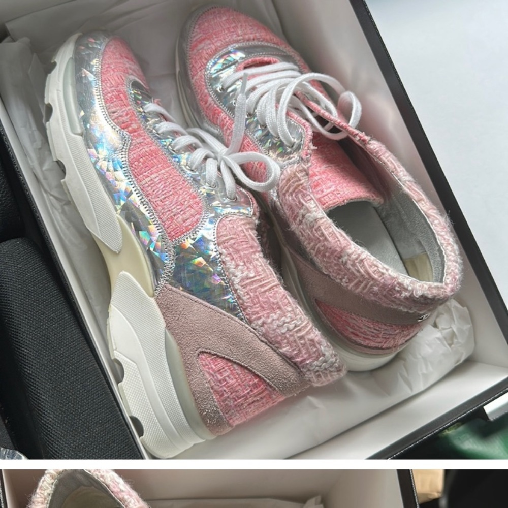 Silver and pink Chanel sneakers size 40 pink an silver tweed silver leather